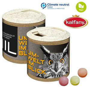 Papier-Werbedose mit XS-Kalfany Fruchtbonbons